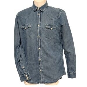 Sandro Paris Mens Shirt M Blue Denim Marble Pearl Snap Western Cowboy Pockets
